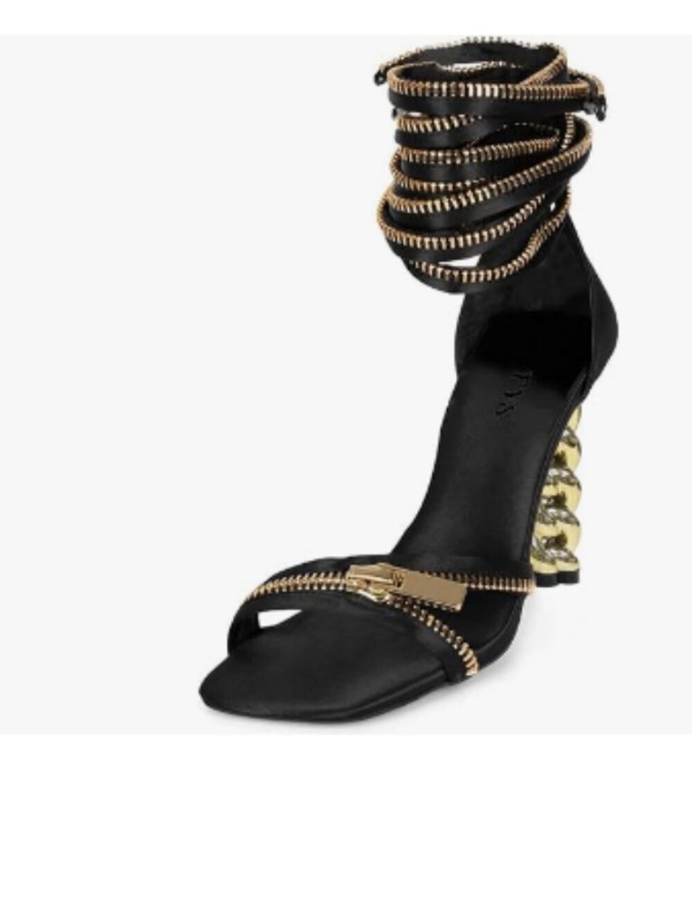 FYS Black Gold Metal Chain Block Heel Sandals Lace Up Zipper Strap Decor Shoes